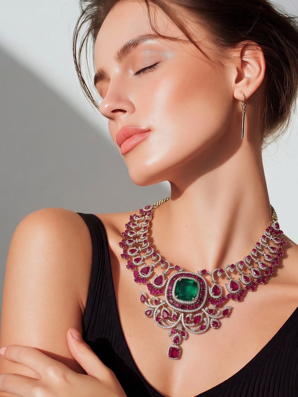 Luxurious Emerald tone & Ruby tone Statement Necklace - Women Jewelry